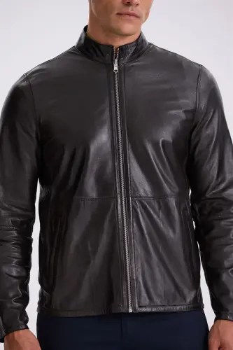 Lacivert Comfort Fit Dik Yaka Çift Taraflı %100 Deri Mont - 4