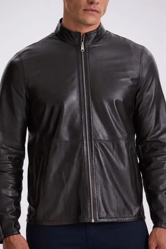 Lacivert Comfort Fit Dik Yaka Çift Taraflı %100 Deri Mont - 4