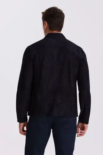 Lacivert Comfort Fit Dik Yaka Çift Taraflı %100 Deri Mont - 5