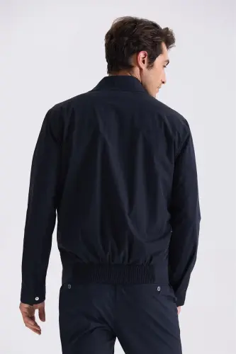 Lacivert Comfort Fit Dik Yaka Önü Fermuarlı Mevsimlik Mont - 4