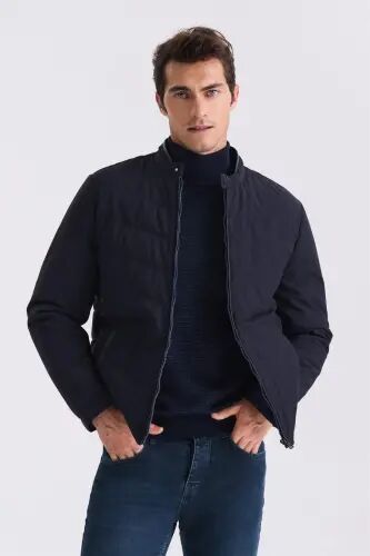 Lacivert Comfort Fit Dik Yaka Önü Fermuarlı Mevsimlik Mont 