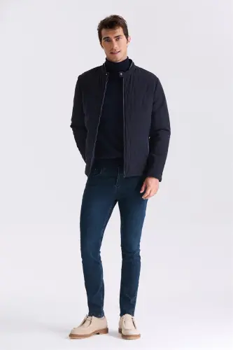Lacivert Comfort Fit Dik Yaka Önü Fermuarlı Mevsimlik Mont - Jakamen (1)