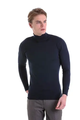 Lacivert Comfort Fit Düz Bisiklet Yaka Yünlü Triko Kazak-Lacivert - 4