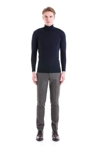 Lacivert Comfort Fit Düz Bisiklet Yaka Yünlü Triko Kazak-Lacivert - 5