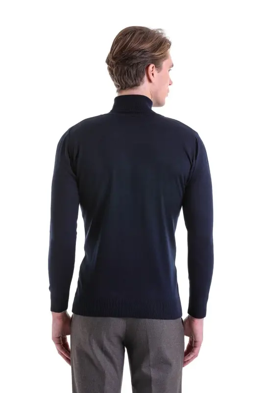 Lacivert Comfort Fit Düz Bisiklet Yaka Yünlü Triko Kazak-Lacivert - 6