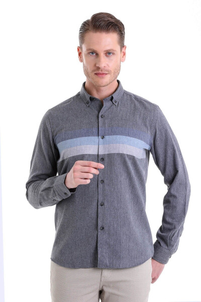 Lacivert Comfort Fit Düz Düğmeli Yaka Uzun Kollu C - HATEMOĞLU