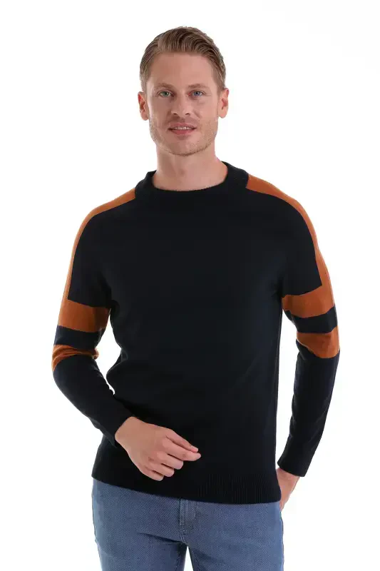 Lacivert Comfort Fit Düz Pamuklu Yarım Balıkçı Yaka Casual Triko Kazak - HATEMOĞLU