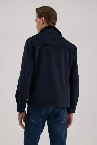 Lacivert Comfort Fit Hakim Yaka Kadife Mont - 4