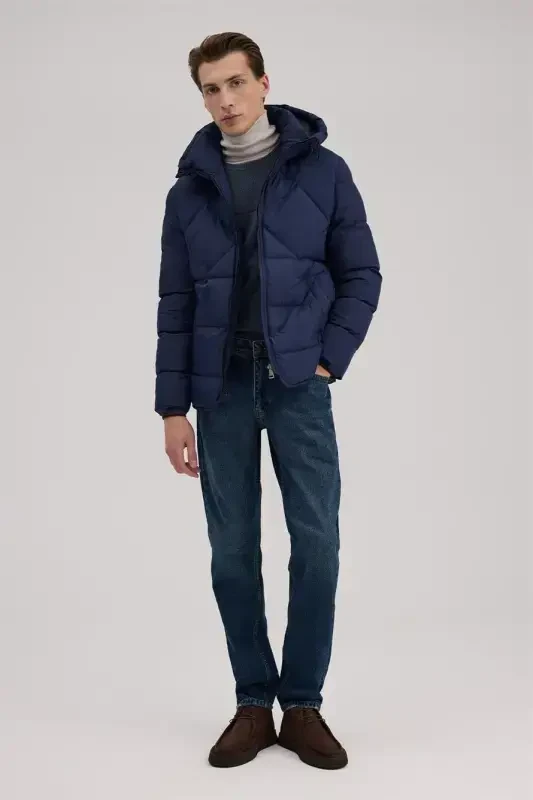 Lacivert Comfort Fit Kapuşonlu Şişme Mont - 1