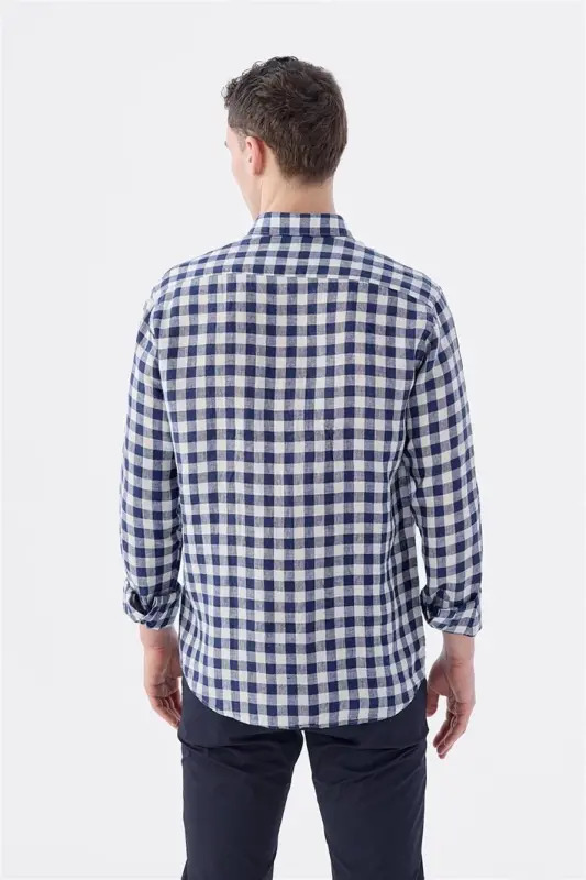 Lacivert Comfort Fit Kareli %100 Keten Gömlek - 4