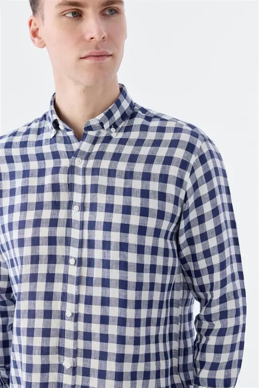 Lacivert Comfort Fit Kareli %100 Keten Gömlek - 3