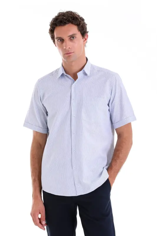 Lacivert Comfort Fit Kareli Pamuklu Slim Yaka Kısa Kol Klasik Gömlek - Lacivert Ç. - 1