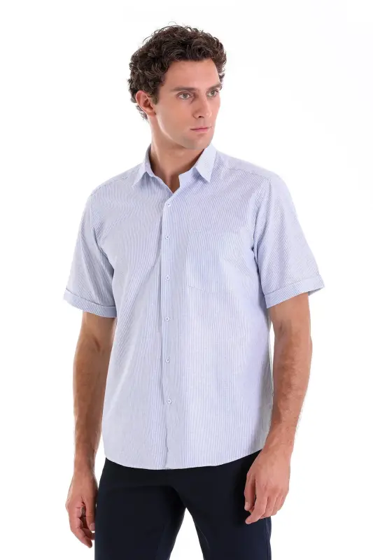 Lacivert Comfort Fit Kareli Pamuklu Slim Yaka Kısa Kol Klasik Gömlek - Lacivert Ç. - 3