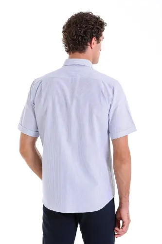 Lacivert Comfort Fit Kareli Pamuklu Slim Yaka Kısa Kol Klasik Gömlek - Lacivert Ç. - 6