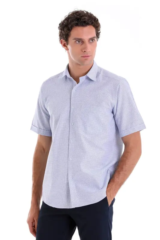 Lacivert Comfort Fit Kareli Pamuklu Slim Yaka Kısa Kol Klasik Gömlek - LACİVERT K. - 2
