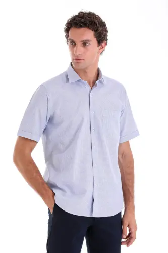 Lacivert Comfort Fit Kareli Pamuklu Slim Yaka Kısa Kol Klasik Gömlek - LACİVERT K. - 3