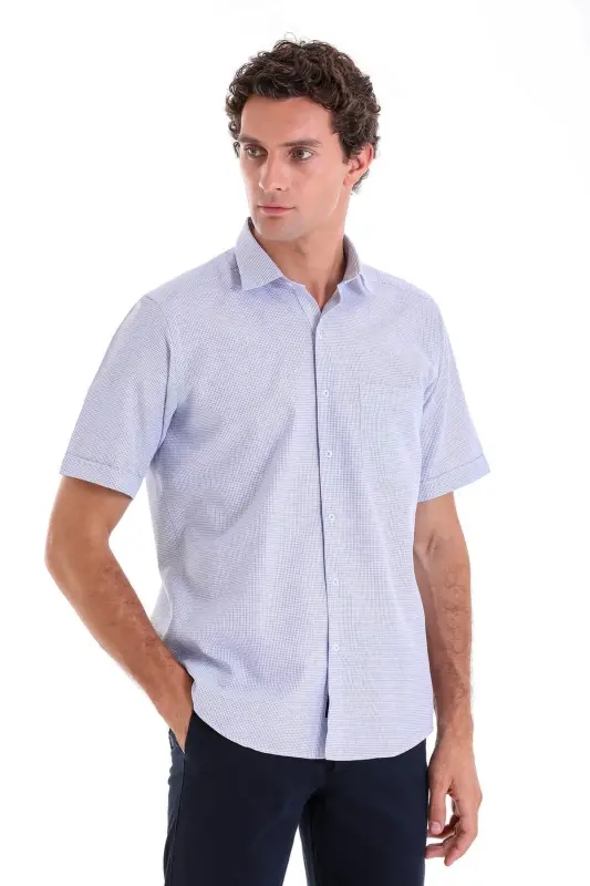 Lacivert Comfort Fit Kareli Pamuklu Slim Yaka Kısa Kol Klasik Gömlek - LACİVERT K. - 3