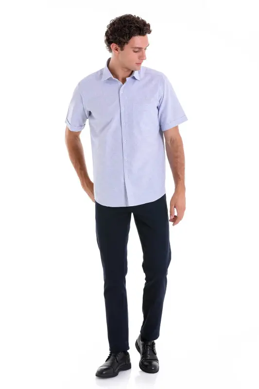 Lacivert Comfort Fit Kareli Pamuklu Slim Yaka Kısa Kol Klasik Gömlek - LACİVERT K. - 4