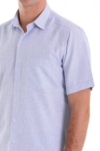 Lacivert Comfort Fit Kareli Pamuklu Slim Yaka Kısa Kol Klasik Gömlek - LACİVERT K. - 5