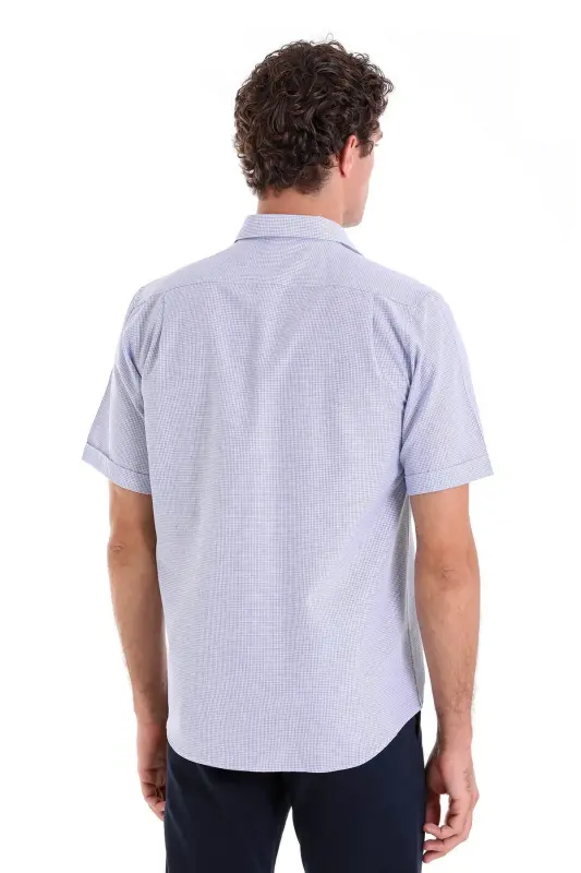 Lacivert Comfort Fit Kareli Pamuklu Slim Yaka Kısa Kol Klasik Gömlek - LACİVERT K. - 6