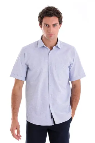 Lacivert Comfort Fit Kareli Pamuklu Slim Yaka Kısa Kol Klasik Gömlek - LACİVERT K. 