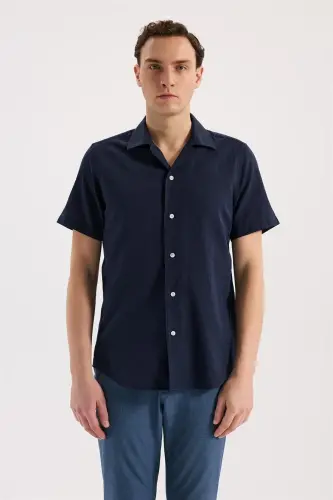 Lacivert Comfort Fit Klasik Yaka Kısa Kol Gömlek - 1
