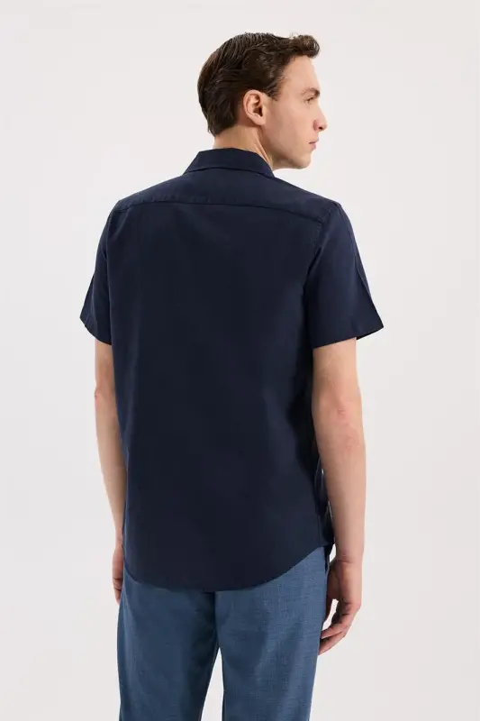 Lacivert Comfort Fit Klasik Yaka Kısa Kol Gömlek - 4