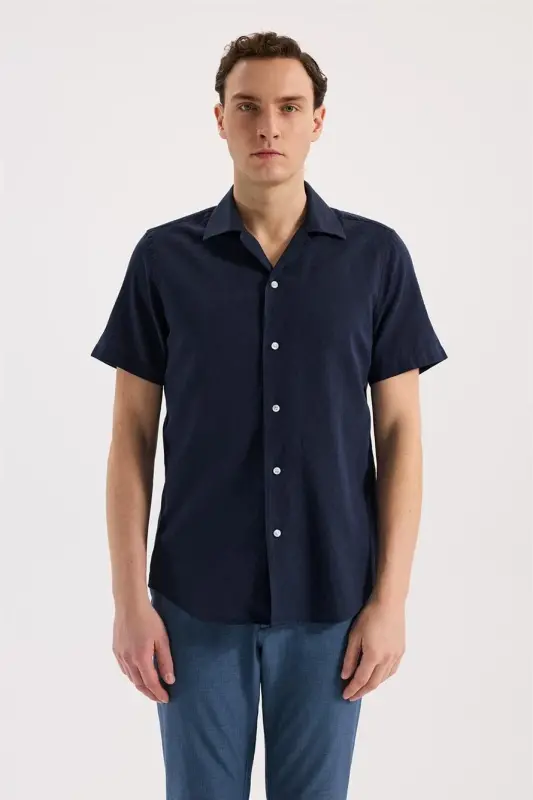 Lacivert Comfort Fit Klasik Yaka Kısa Kol Gömlek - JAKAMEN