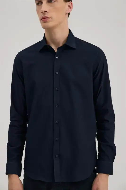 Lacivert Comfort Fit Klasik Yaka Pamuk Karışımlı Gömlek - 3