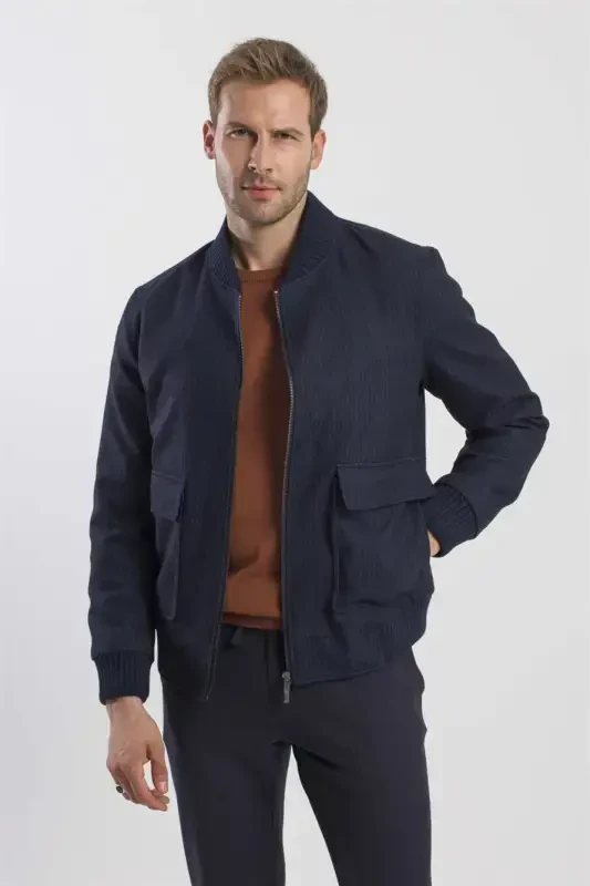 Lacivert Comfort Fit Kolej Yaka Çizgili Mont - MODAZONE