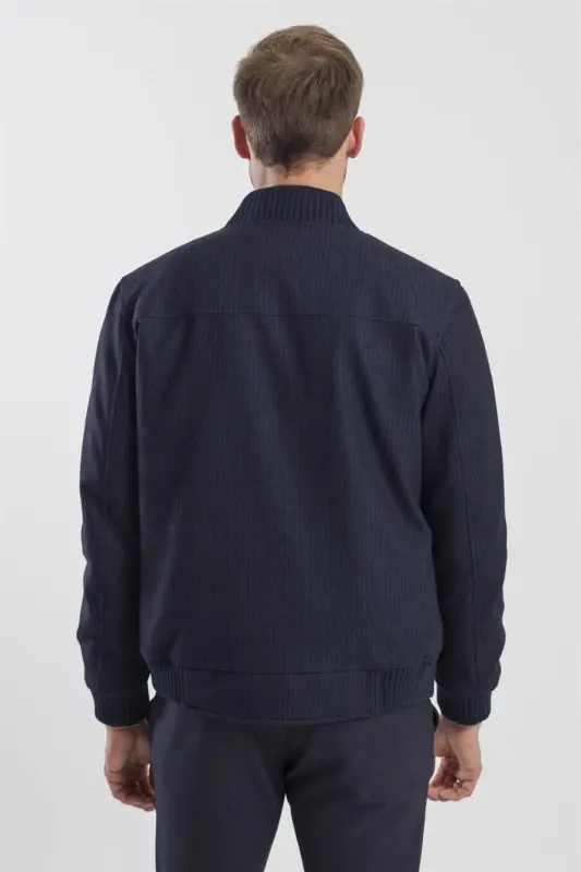 Lacivert Comfort Fit Kolej Yaka Çizgili Mont - 4