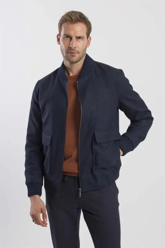 Lacivert Comfort Fit Kolej Yaka Çizgili Mont - JAKAMEN