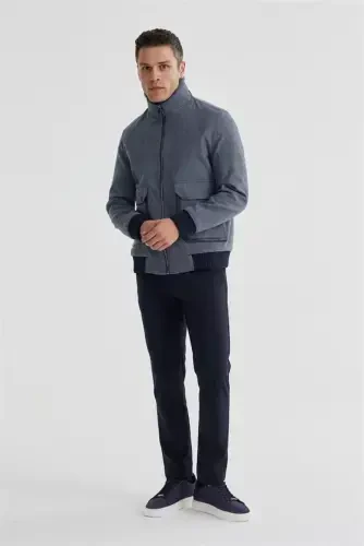 Lacivert Comfort Fit Kürklü yaka Yünlü Mont - 1