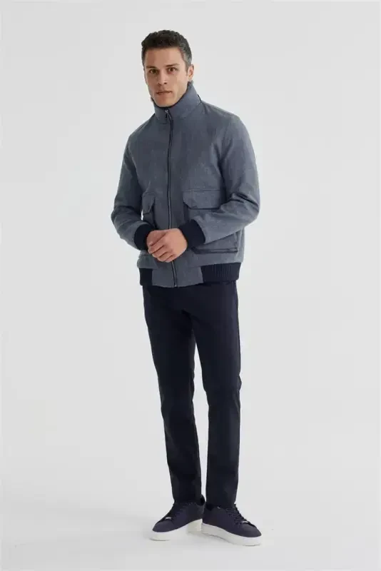 Lacivert Comfort Fit Kürklü yaka Yünlü Mont - 1