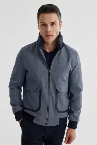 Lacivert Comfort Fit Kürklü yaka Yünlü Mont - 2