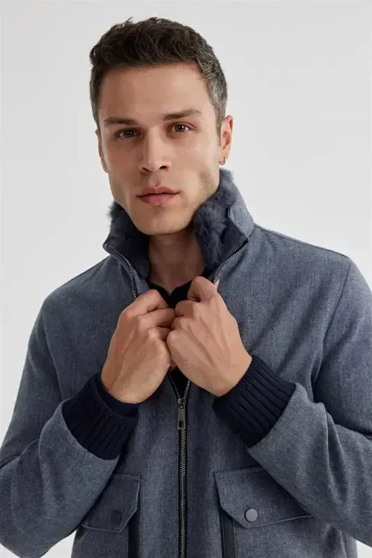 Lacivert Comfort Fit Kürklü yaka Yünlü Mont - 3