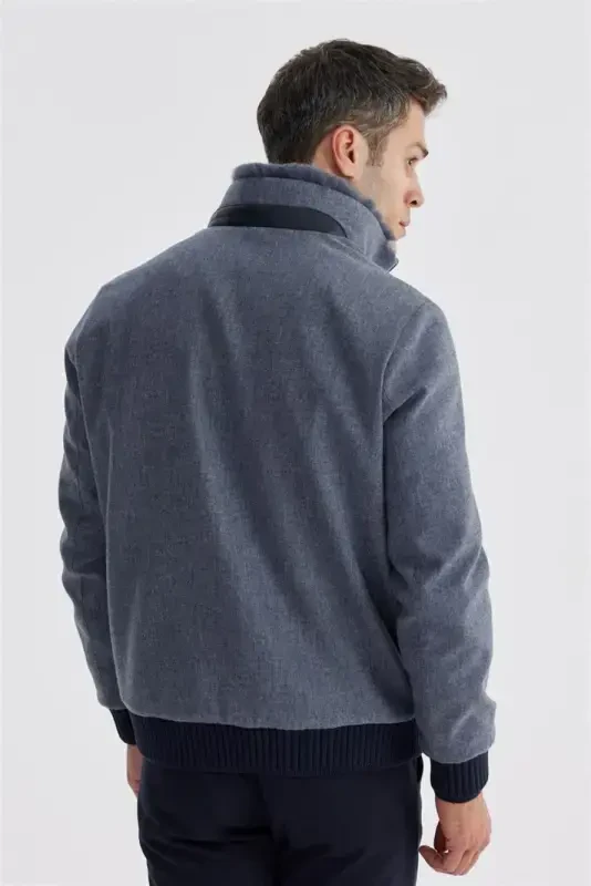 Lacivert Comfort Fit Kürklü yaka Yünlü Mont - 4