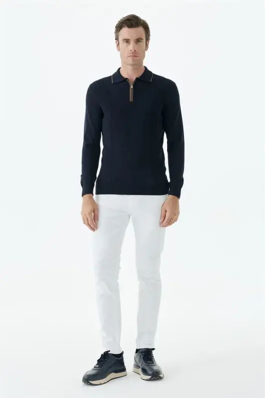 Lacivert Comfort Fit Merinos Yünlü Fermuarlı Polo Yaka Triko - Jakamen