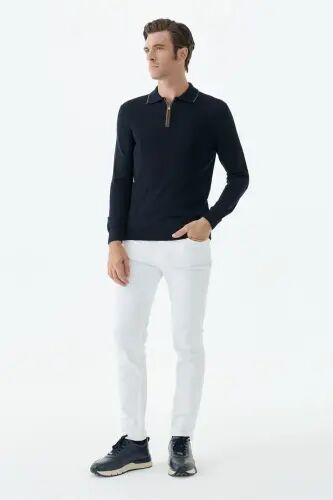 Lacivert Comfort Fit Merinos Yünlü Fermuarlı Polo Yaka Triko - Jakamen (1)