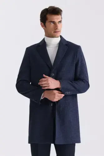 Lacivert Comfort Fit Mono Yaka Desenli Kareli Kaşe Kaban - JAKAMEN (1)