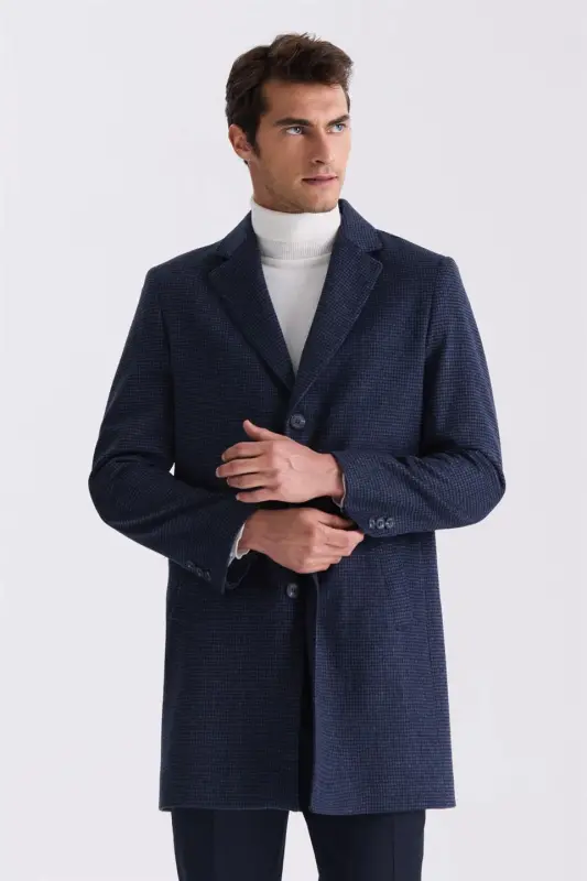 Lacivert Comfort Fit Mono Yaka Desenli Kareli Kaşe Kaban - 1