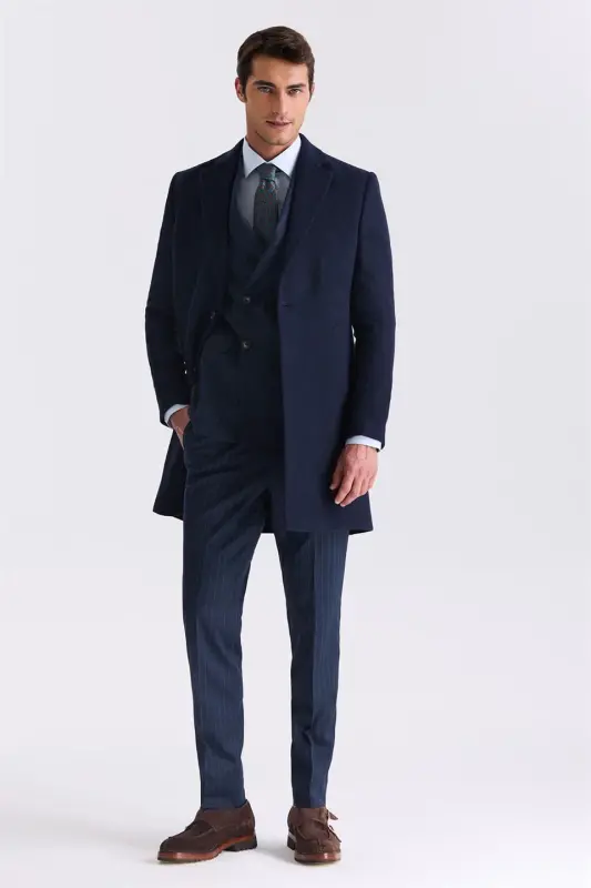 Lacivert Comfort Fit Mono Yaka Yan Cep Kaşe Kaban - 2