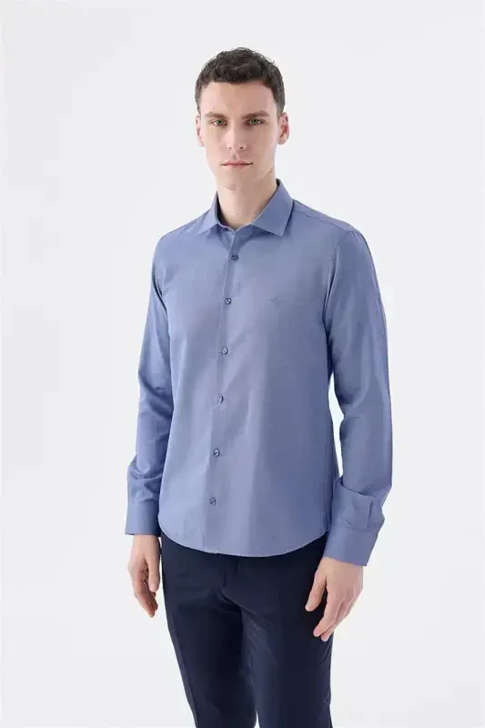 Lacivert Comfort Fit Pamuklu Kolay Ütülenebilir Gömlek - JAKAMEN