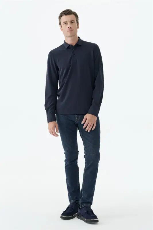 Lacivert Comfort Fit Polo Yaka Sweatshirt - Jakamen