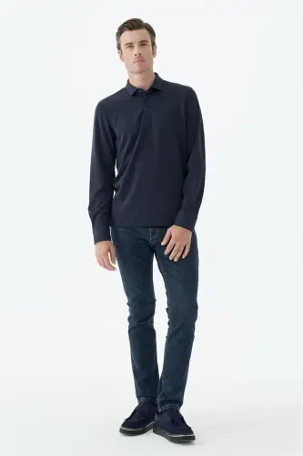 Lacivert Comfort Fit Polo Yaka Sweatshirt 