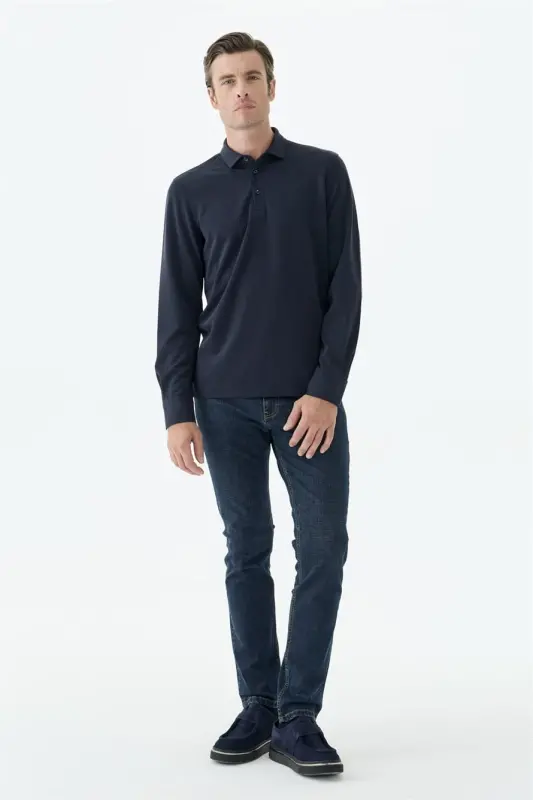 Lacivert Comfort Fit Polo Yaka Sweatshirt - 1