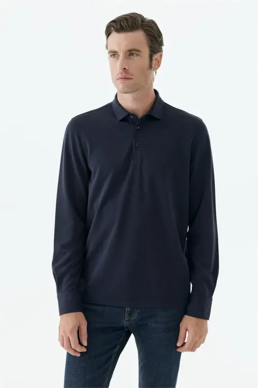 Lacivert Comfort Fit Polo Yaka Sweatshirt - 2