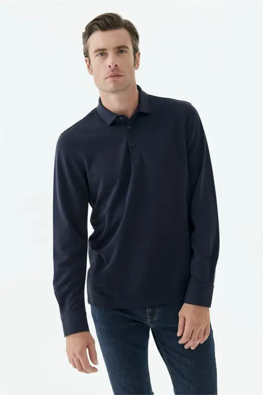 Lacivert Comfort Fit Polo Yaka Sweatshirt - 3