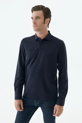 Lacivert Comfort Fit Polo Yaka Sweatshirt - 4