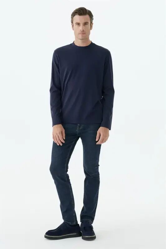 Lacivert Comfort Fit Rayon Karışımlı Bisiklet Yaka Sweatshirt - Jakamen